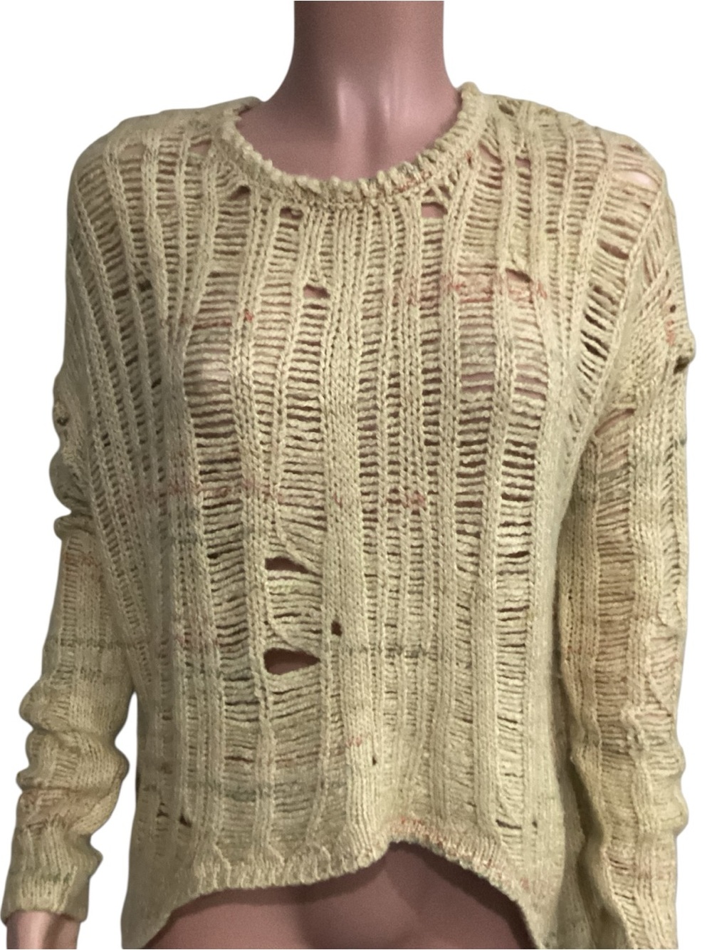 Zara NWT Distressed Open Knit Sweater Yellow/Cream Relaxed Fit Size Medium